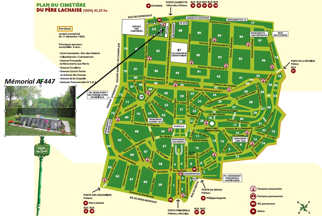 Plan d’accès à la stèle érigée au cimetière du Père-Lachaise à Paris